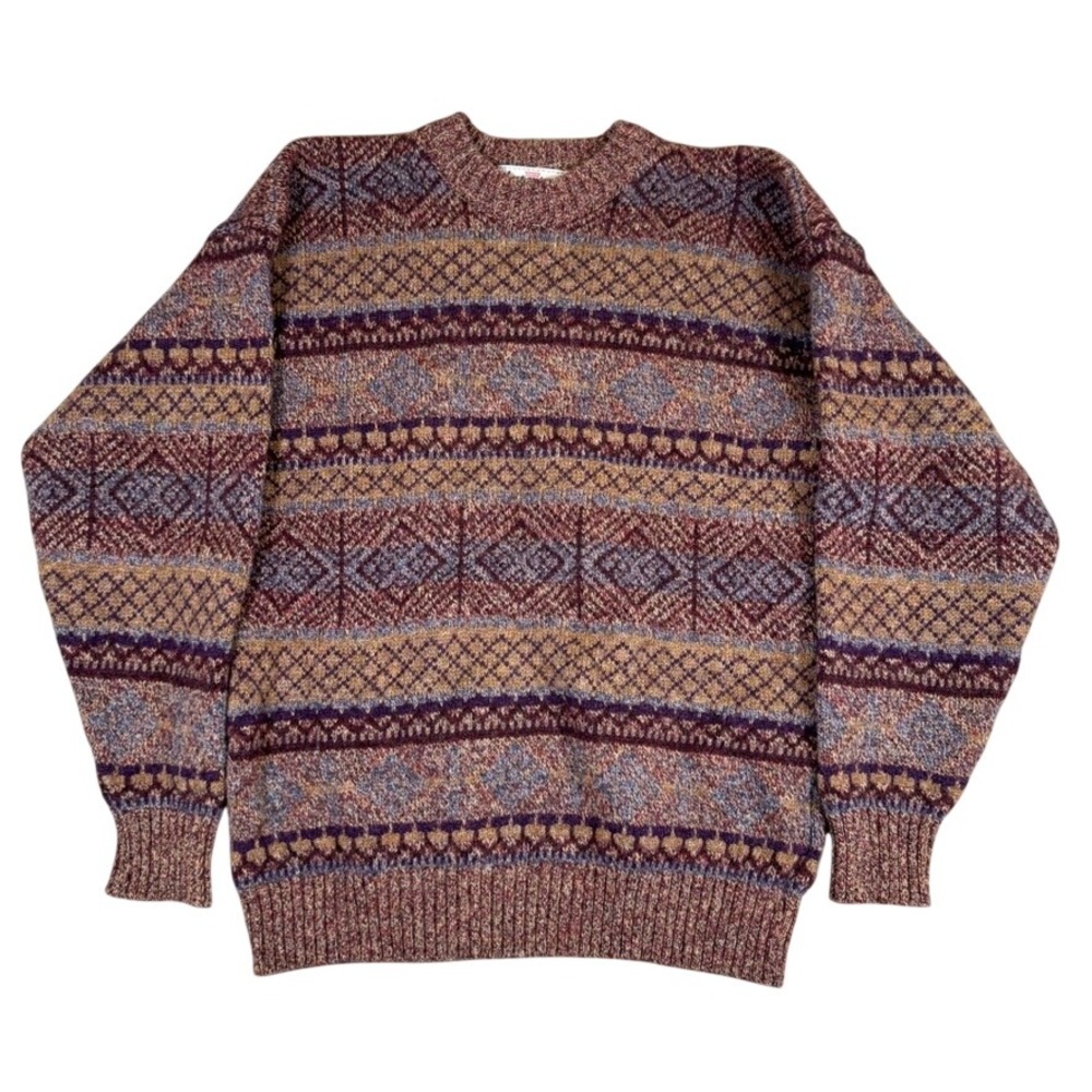 Antartex Made in Great Britain Fair Isle Crewneck Sweater Burgundy Purple Mens M